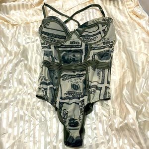 green and beige money print lingerie can be worn as top.